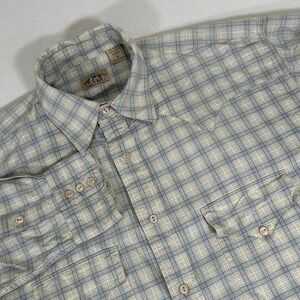 Barn Fly Mens Medium Beige Blue Plaid Long Sleeve Button Up Western Cowboy Shirt
